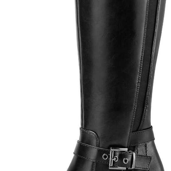 Women's Black Knee High Chunky Heel Boots with Side Zipper and Elastic Panels - - Picture 1 of 5